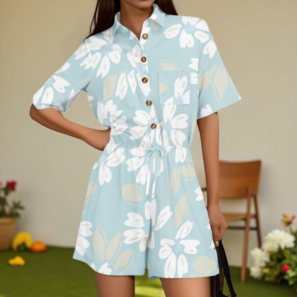 Damenmode V-Ausschnitt Jumpsuit Karomuster Lässig Kurzarm Top Jumpsuit