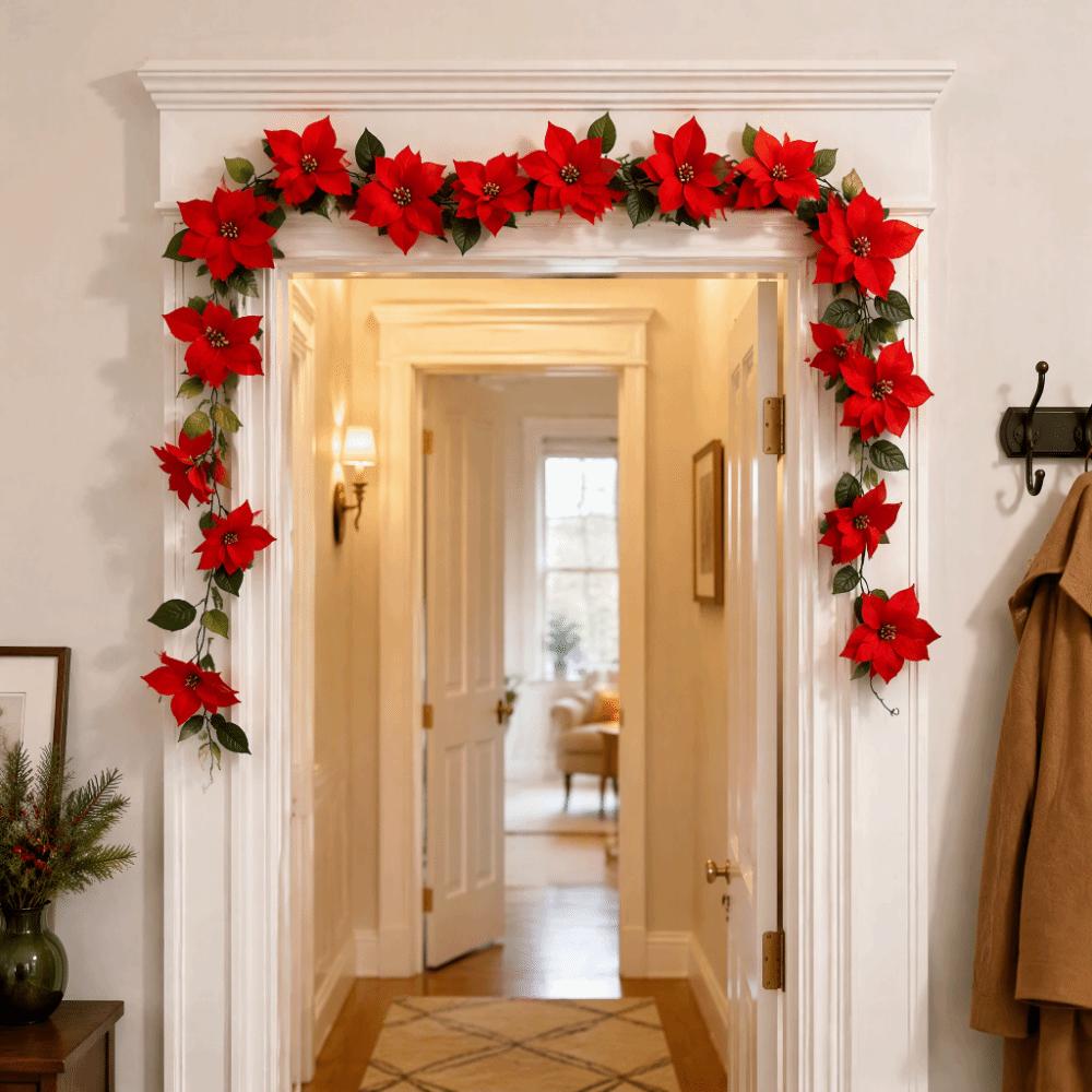 Realistic Christmas Garland Decoration Red Soft Large Artificial Flowers Convenient Lightweight Poinsettia Vine Christmas Tree