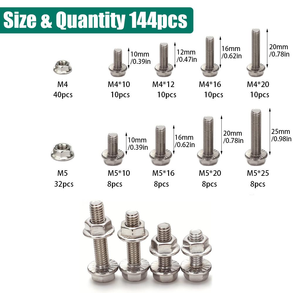 144-Piece 304 Stainless Steel Hex Flange Bolt and Nut Set, M4/M5, Length: 10mm, 12mm, 16mm, 20mm, 25mm