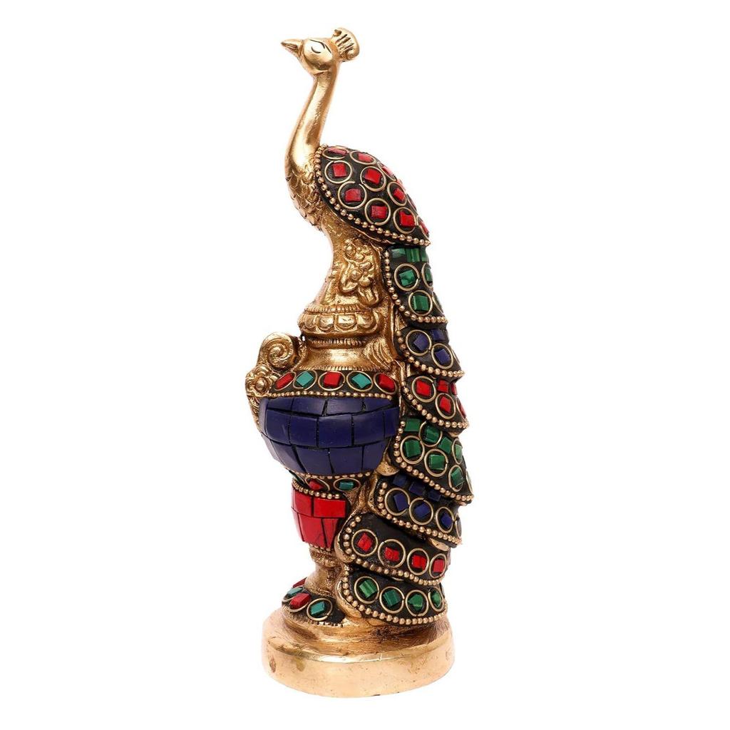 Brass Vintage Peacock Sitting Decorative Showpiece In Multicoloured Stone Finishing for Home Decor, Table Decor