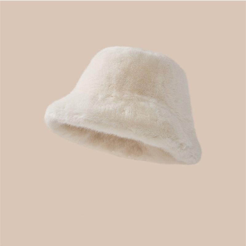 WHITE Faux Fur Fisherman Hats Antumn Winter Thickened Warm Bucket Hat Lady Outdoor Soft Snow Fur Cap Solid Wide Brim Caps