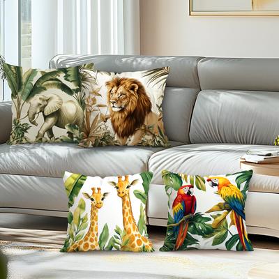 Short Plush Material Pillowcasehome Decor Wild Animals In Tropical Jungle Pillow Covers Pattern Cushion Cover Suitable For Sofa