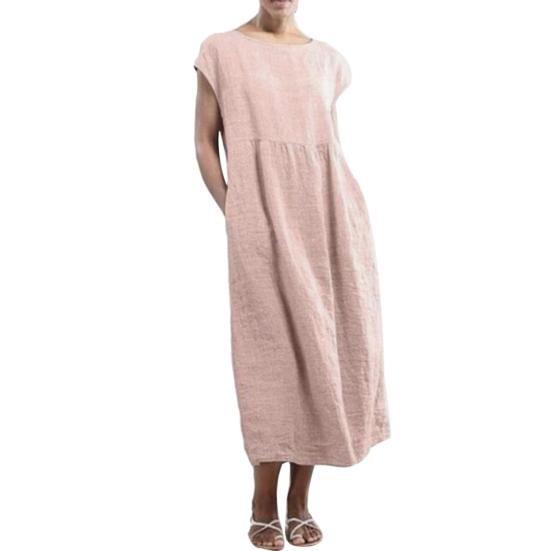 Casual Women Summer Solid Color Short Sleeve Baggy Beach Shift Kaftan Midi Dress
