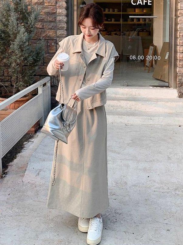 Korean Casual Workwear Vest & Skirt Set - Women's Spring/Autumn 2025 Three-Piece Outfit with Round Neck Long Sleeve Top.