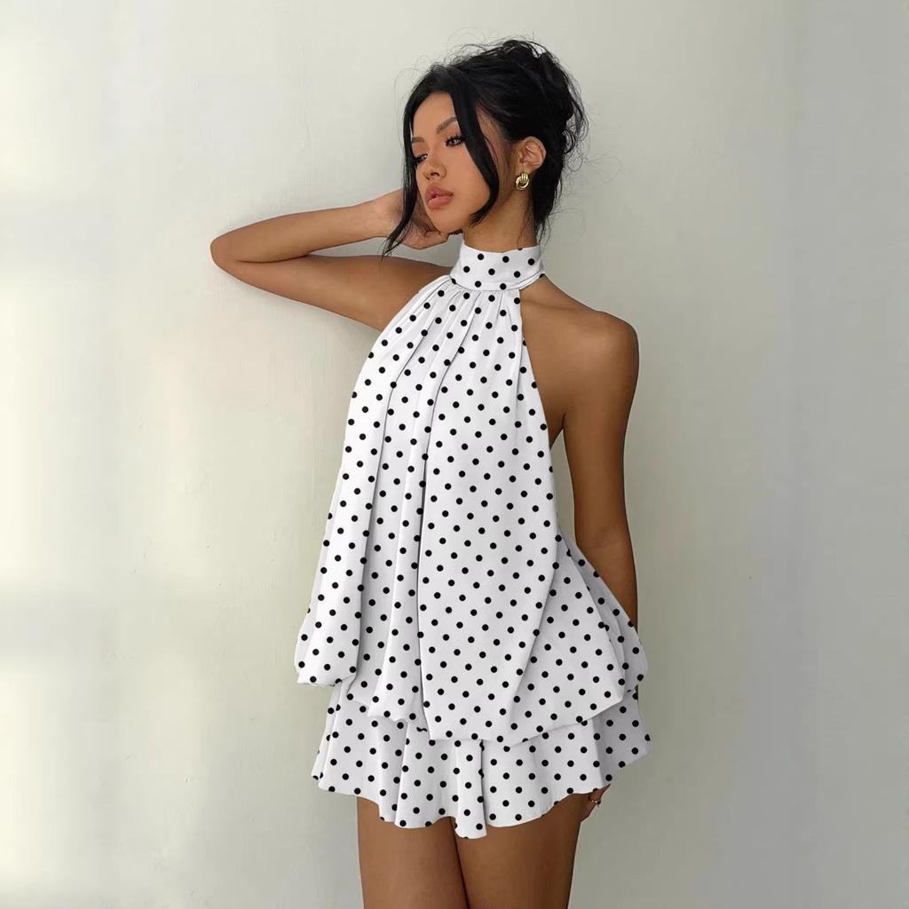 2026 European and American women's elegant new polka dot printing backless suspender mini dress