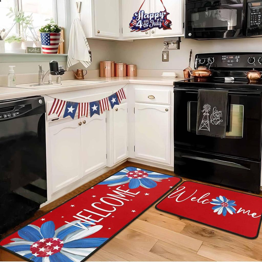 2PC American Patriotic Stars Stripes Kitchen Floor Mat Non Slip Oil Proof Runner Rug Living Room Entryway Decor