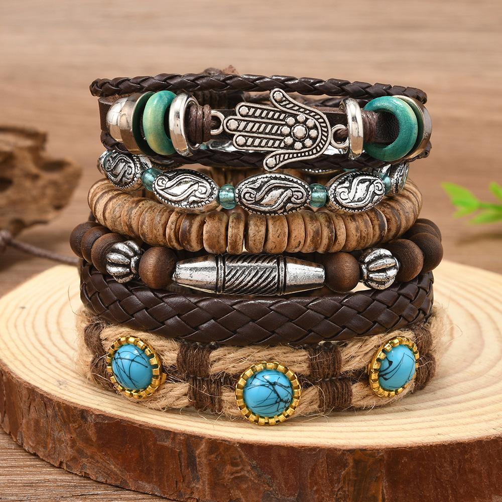 Leather Bracelets for Men Women Handmade Wrap Woven Cuff Bracelets Wooden Beaded Bracelets Vintage Ethnic Tribal Wristbands Bracelet Set Adjustable