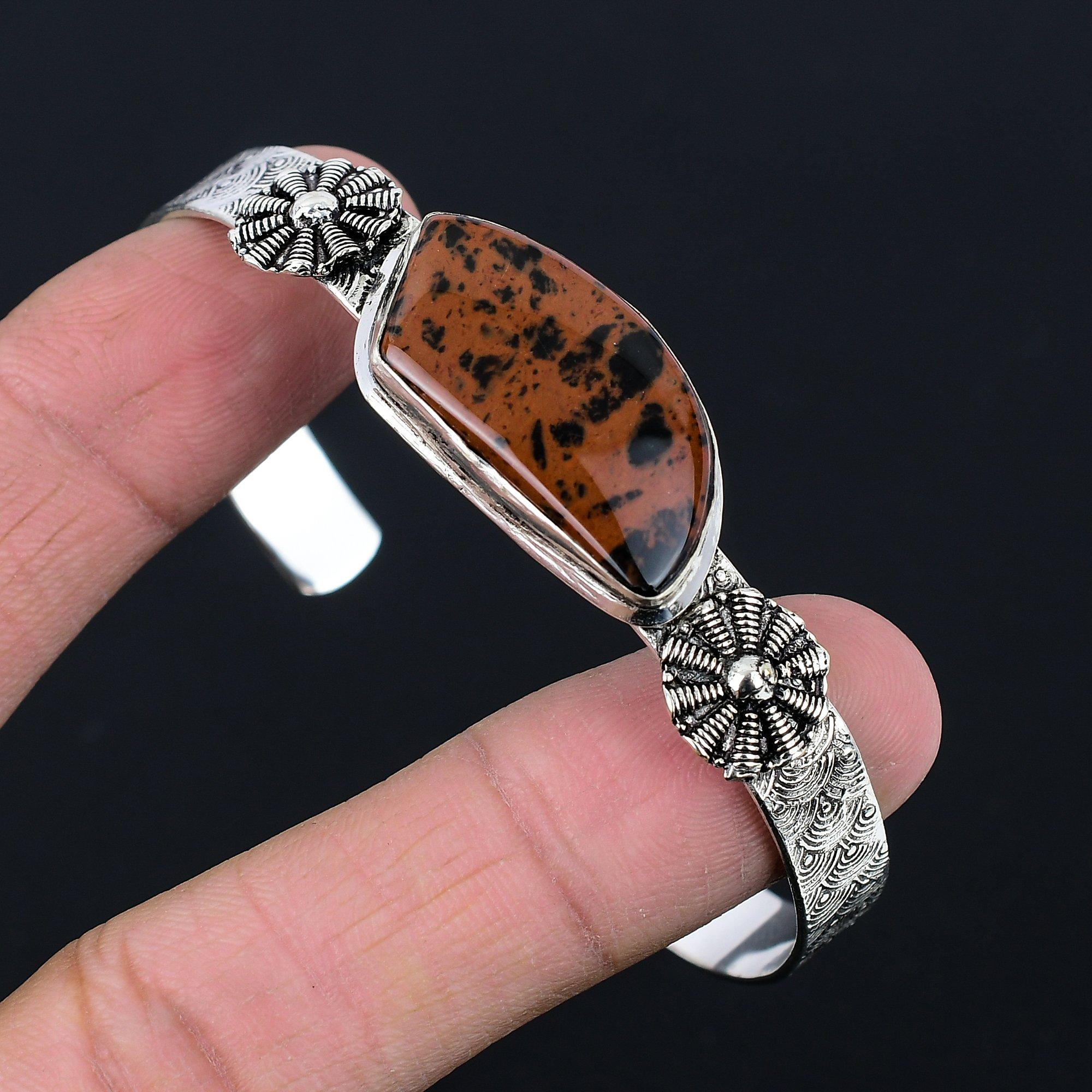 

Распродажа ко Дню сестер Натуральный махагоновый обсидиан Стерлинговое серебро Браслет-бенгл для жены Adjustable