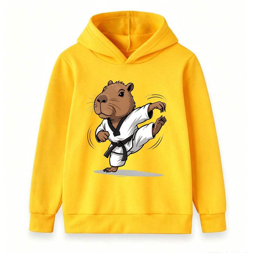 Kids Boys Girls Casual Pullover Hoodie, Funny Capybara Taekwondo Black Belt Karate Kick Cartoon Print Soft Hooded Sweatshirt for Children Daily Wear