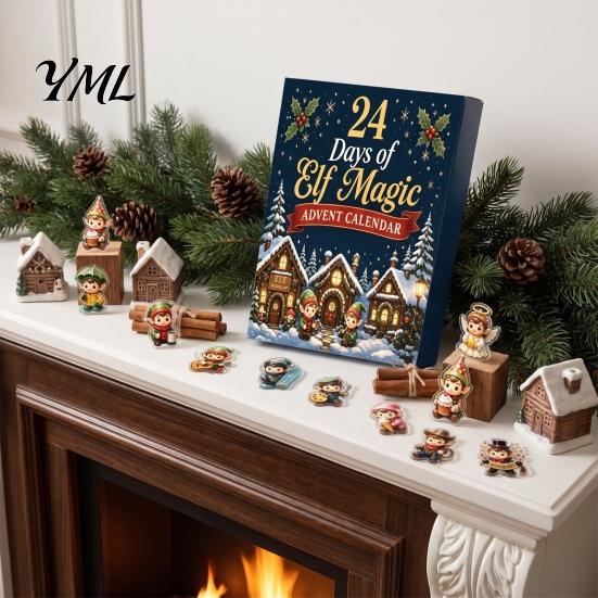 Winter Village Theme Gift Box Magic Elf Advent Calendar, 24 Day Acrylic 2D Ornament Set with Christmas Ornaments Cute Mini Figures, Tree Hanging