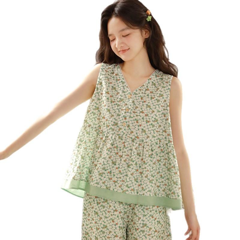 Pajamas women's 1011 new summer thin cute floral sleeveless can be worn outside women's short-sleeved loungewear set 19
