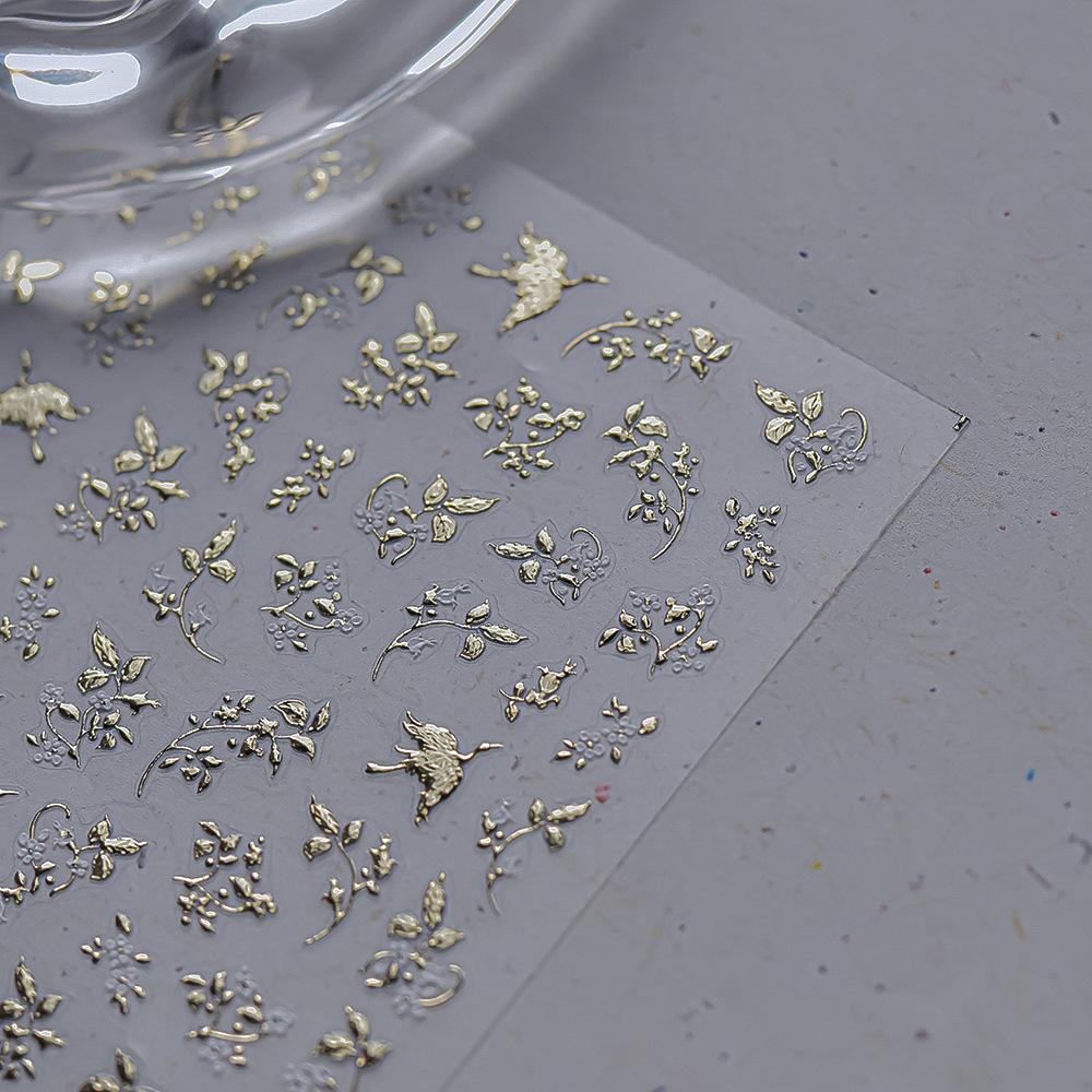 Golden Flower Stamping Retro Petal Metal Tender Leaves Branches Slash Leaves Ginkgo Plant 5D Nail Art Sticker Manicure Decal