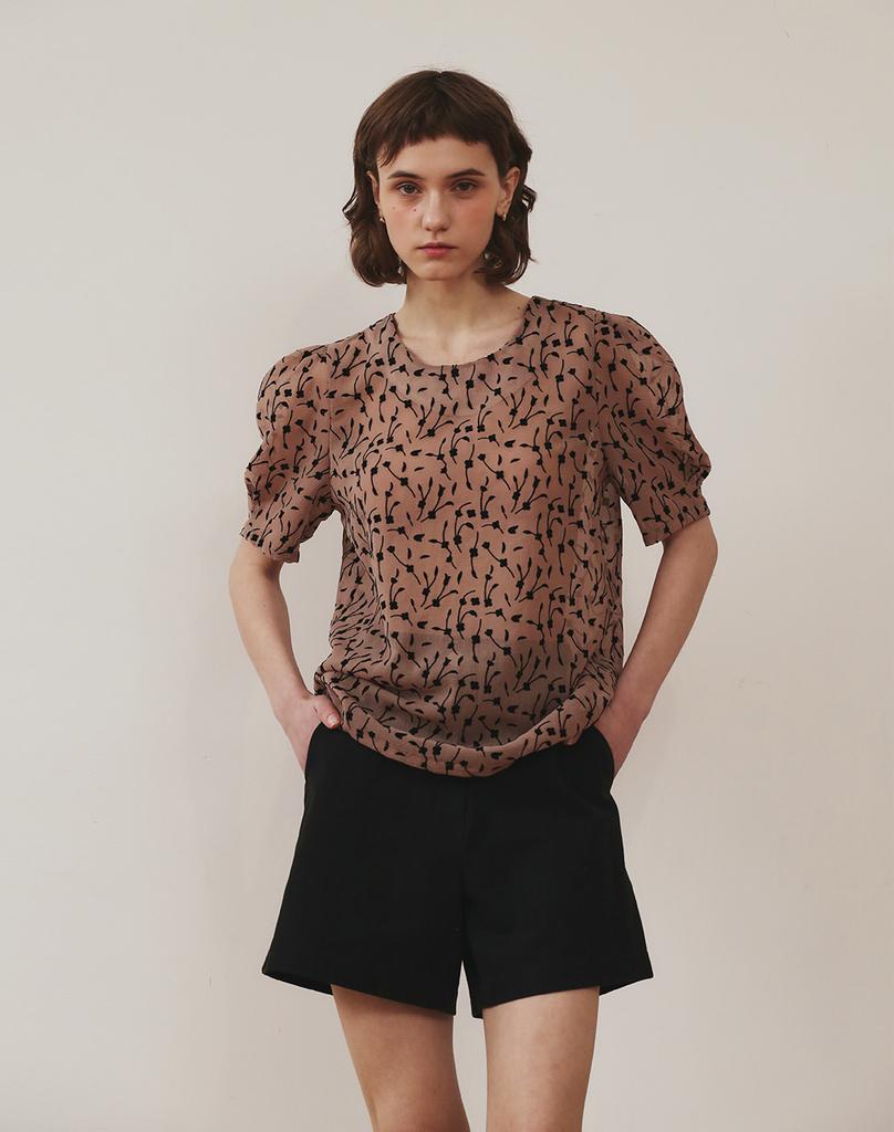 GIEMAR Black Flower Chiffon Blouse Beige