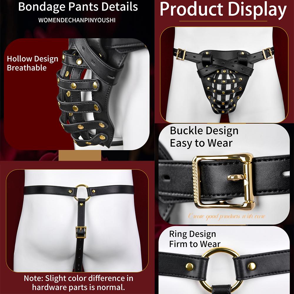 FUNSM Lockable Microfiber Leather BDSM Underwear Set Male Adjustable Vegan Leather Cock Harness with Alloy Chain for Fetish Play