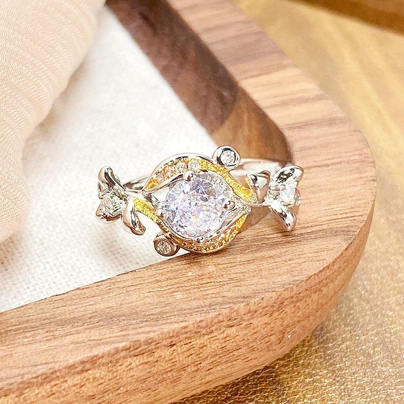 Schwerindustrie Zweifarbiger Blume Zirkon Mittelalterlich Vintage Offener Ring Leichter Luxus Nische High-End Gefühl Stapelring Frau