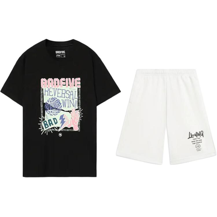 

Li-Ning Узор Принт Буквы Круглый вырез Короткий рукав Завязка Удобные Универсальные Шорты Повседневный Спортивный костюм Костюм унисекс AHSU979-1+AKST593-7 L