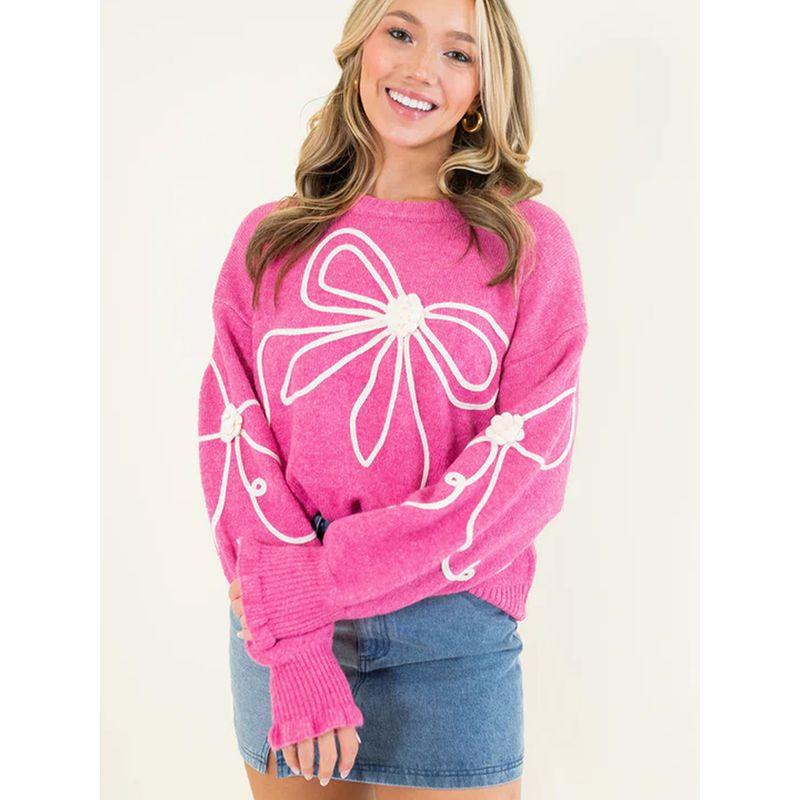 European and American Bow Design Long sleeve Pullover Sweater Women 2025 Spring and Autumn New Warm All-Match round Neck Knitted Top