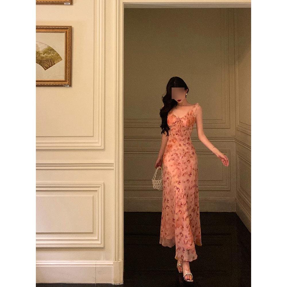 

Женское летнее новое розовое платье-сарафан с цветочным принтом, повседневное, с темпераментом, облегающее бедра, длинная юбка XL- (recommended 110-60kg)