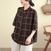 Cotton and Linen Plaid Shirt Summer New Retro Loose and Versatile V-neck Stand-up Collar Short-sleeved Shirt