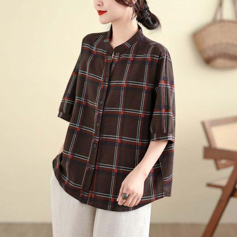 Хлопково-льняная клетчатая рубашка Летняя Новая Ретро Свободная и Универсальная V-образный вырез Стоячий воротник Рубашка с коротким рукавом L коричневый