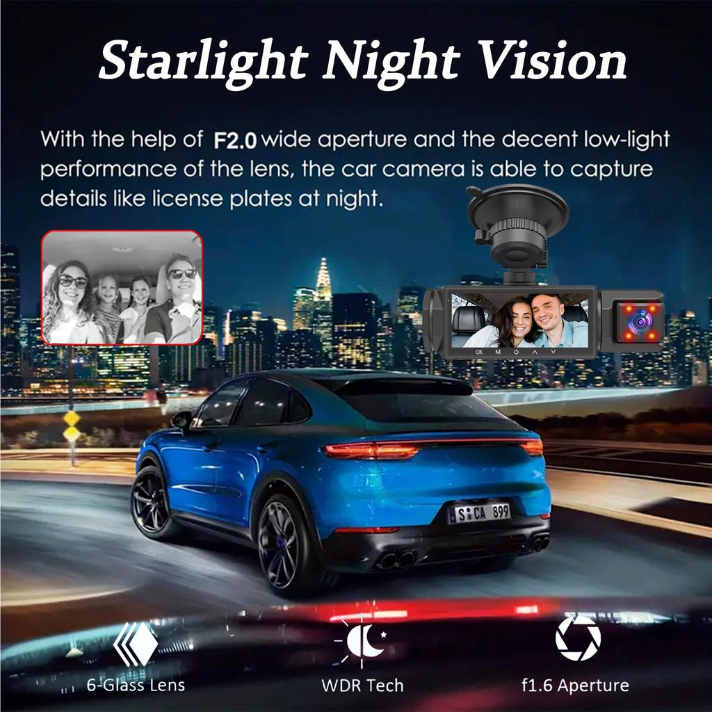1080P WIFI Camera Dash Cam for Cars 2/3Ch Front Rear and Inside Car Camera with IR Night Vision LoopRecording,wide Angle Car DVR