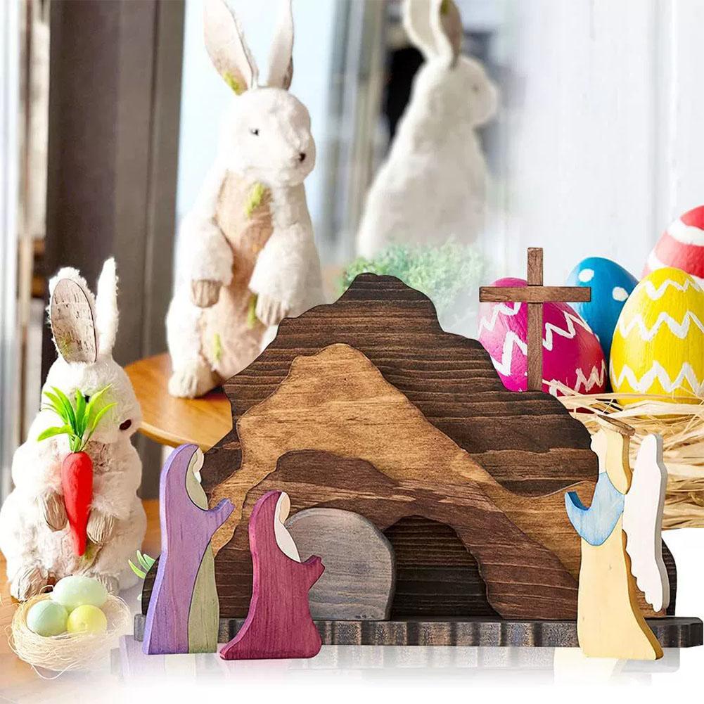 Wooden Easter Resurrection Scene Set Empty Tomb Cross Jesus Statue Christian Home Tabletop Tiered Tray Decor Religious Gift