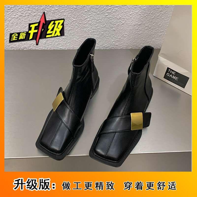Thick heel thin boots metal buckle short boots 2025 autumn new French square head side zipper thin boots Martin boots women