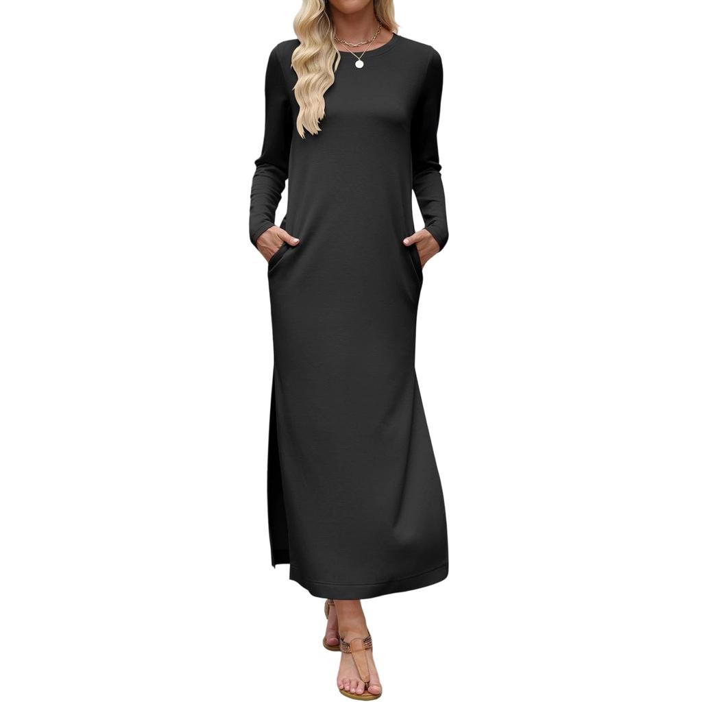 Women's Long Sleeve Solid Color Split Hem Maxi Dress with Double Pockets Straight Cut Casual Long Dress
