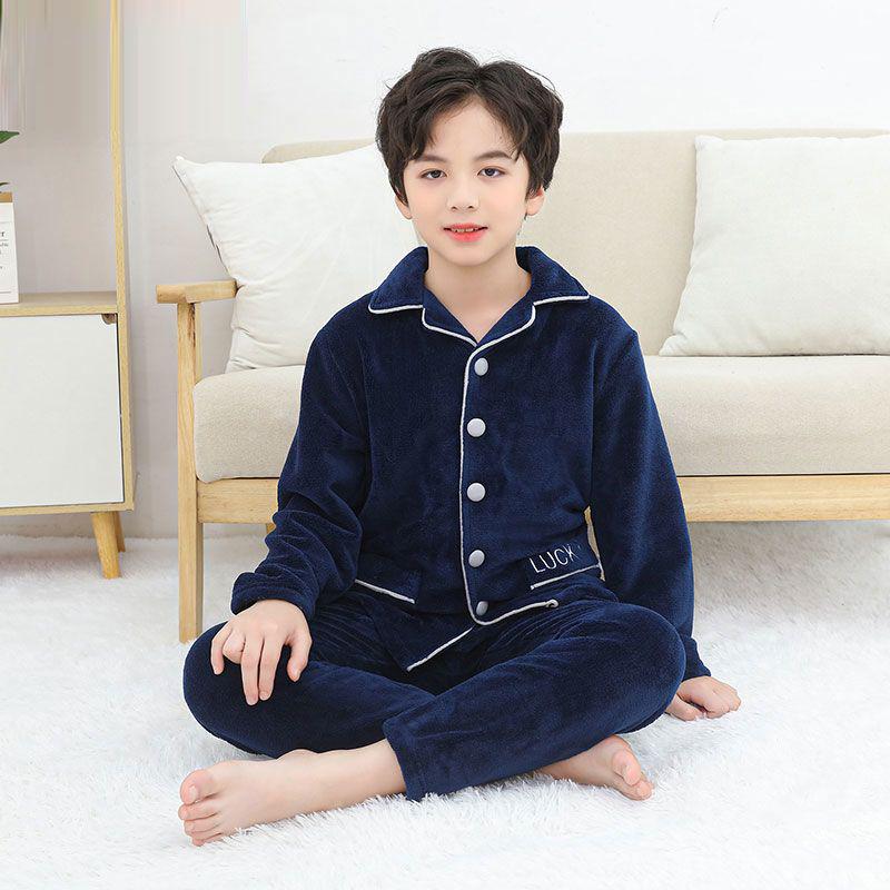 Flannel Boys' Pajama Set - Coral Fleece, Medium-Large, Plus Velvet, Thickened for Autumn/Winter