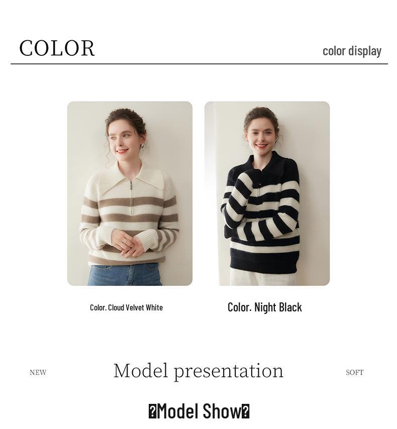 2025 Autumn-Winter Women's Cashmere High-Neck Striped Zipper Sweater