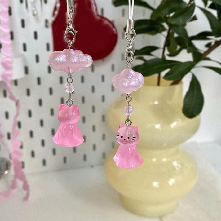 Fashionable Cat and Cloud Phone Lanyard Keychain Hanging Ornament Resin Texture Key Accessory for Various Occasion
