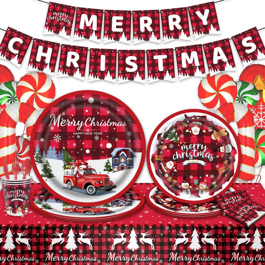 New Year Christmas Elk Theme Party Tableware Disposable Tableware Paper Plates Paper Cups Paper Towels Flag Christmas Tablecloth