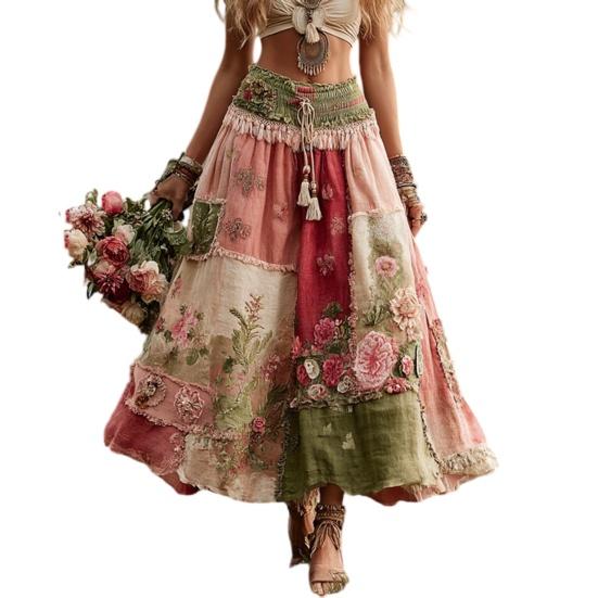 Maxirock Hoher Bund 3D Blumendruck Weiter Saum Langer Rock Böhmischer Stil Sommer Schlankmachender Rock Arbeit Freizeit Alltag