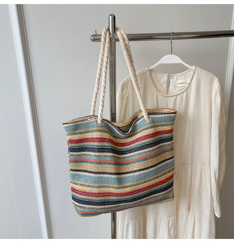 Korean Style Color Block Straw Braid Tote: Trendy Summer 2024 Women's Casual Shoulder Bag