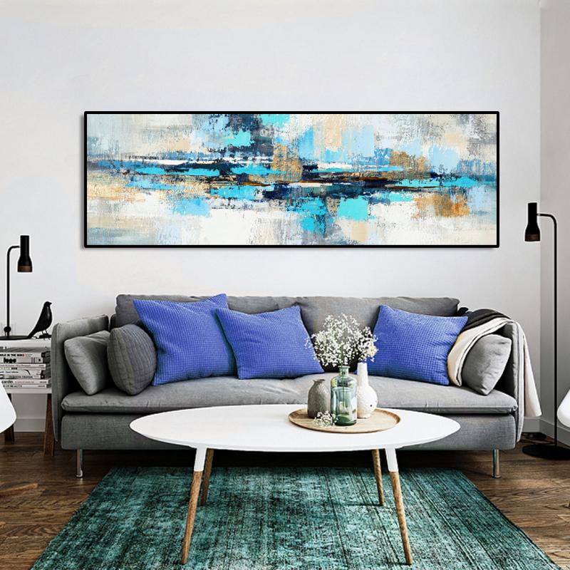 Modern Abstract Oil Painting Print On Canvas Posters Gold and Blue Original Wall Art Painting Picture for Living Room Home Decor