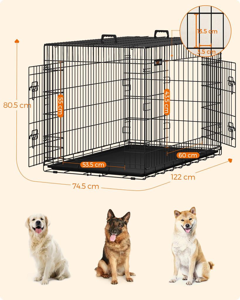 FEANDREA Dog Cage, Dog Crate with 2 Doors, 122 X 74.5 X 80.5 Cm, Black