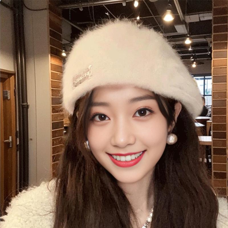 Autumn and Winter Warm Rabbit Wool Hat for Women New Style Back Wearing Beret Retro Versatile Dual Purpose Front Hat Solid Color Painter Hat