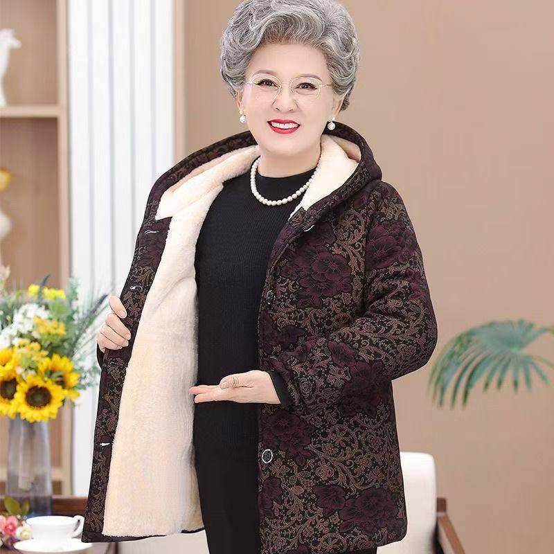 Grandma Winter Hooded Cotton Jacket - Thick, Warm, Plus Velvet for Middle-Aged & Elderly Women