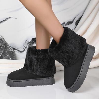 2024 Shoes for Women Winter Slip On Women's Boots Black Round Toe Solid Flock Plush Warm Mid Heel Water Proof Casual Snow Boots Women
