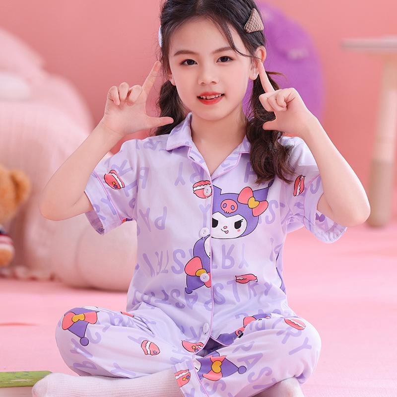 Kuromi Girls' Spring/Autumn Pajama Set with Short Sleeve Cardigan and Long Pants for Indoor/Outdoor Wear