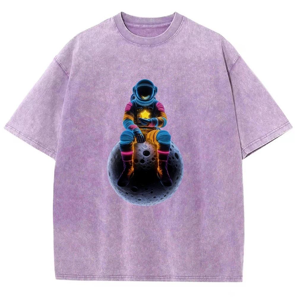Unisex Fit Washed T-Shirt Cool Astronaut Tees Shirts Men Women Short Sleeve T-shirts Cotton Oversized T-shirt