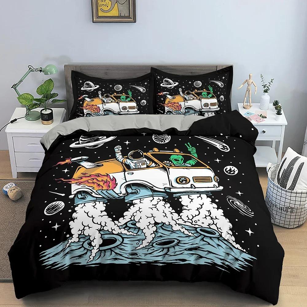 Mysteriöses UFO Alien Bettwäsche-Set Luxuriöse Bettwäsche Cartoon-Druck Polyester Bettbezug mit Kissenbezug für Schlafzimmerdeko