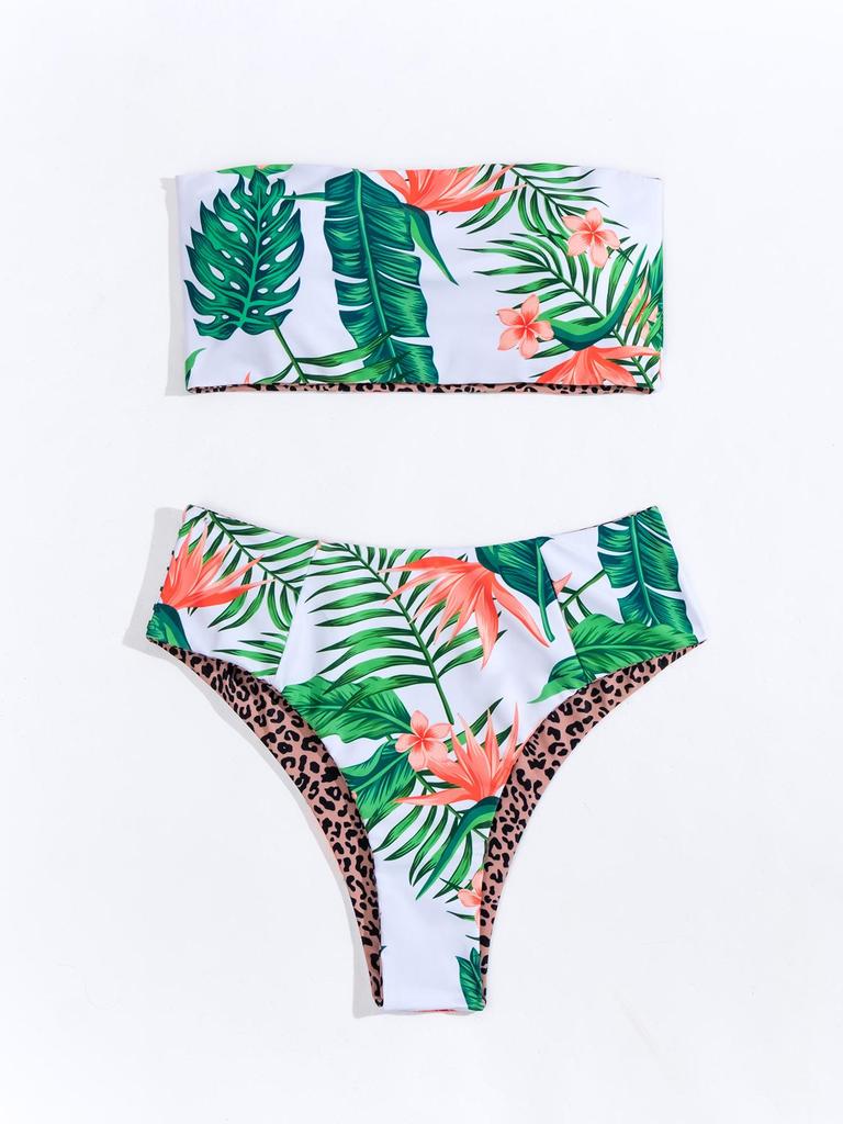 2024 Summer Double-Sided Print Bandeau High Waist Backless Bikini Swimsuit