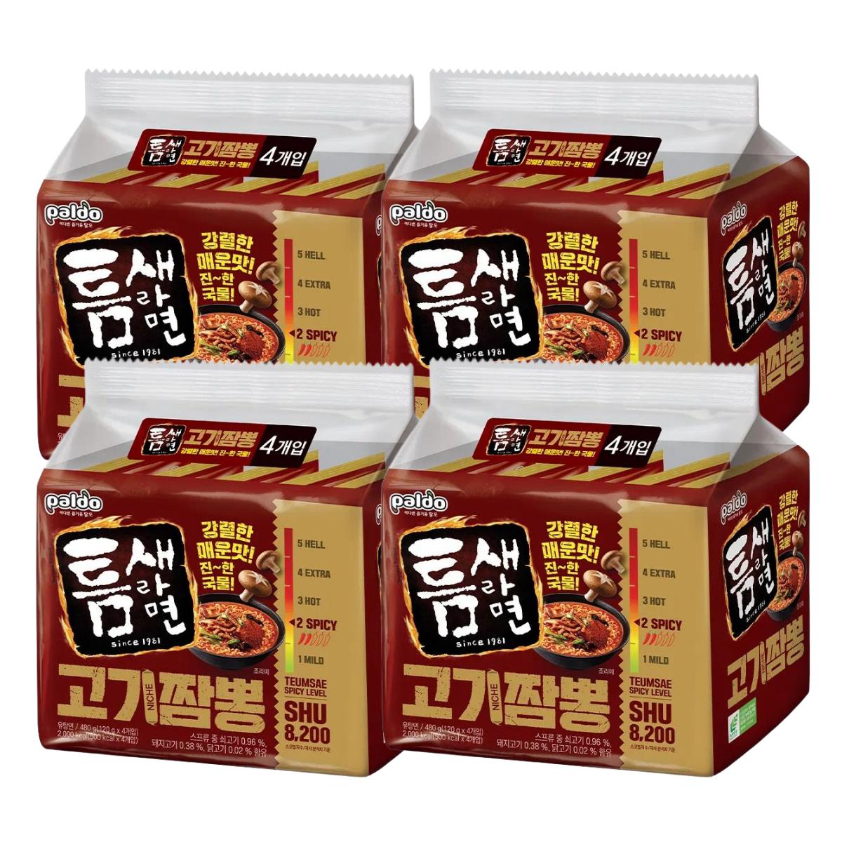 Paldo Teumsae Ramyun Mięsny Jjamppong Bogaty Pikantny Bulion Ogniste Pikantne Koreańskie Makaroniki 120g x 16 Paczek