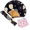 Stylish Folding Fan with Pouch and Handkerchief Large Chrysanthemum Design [Osaka Choseido] Women's Set, (Black)