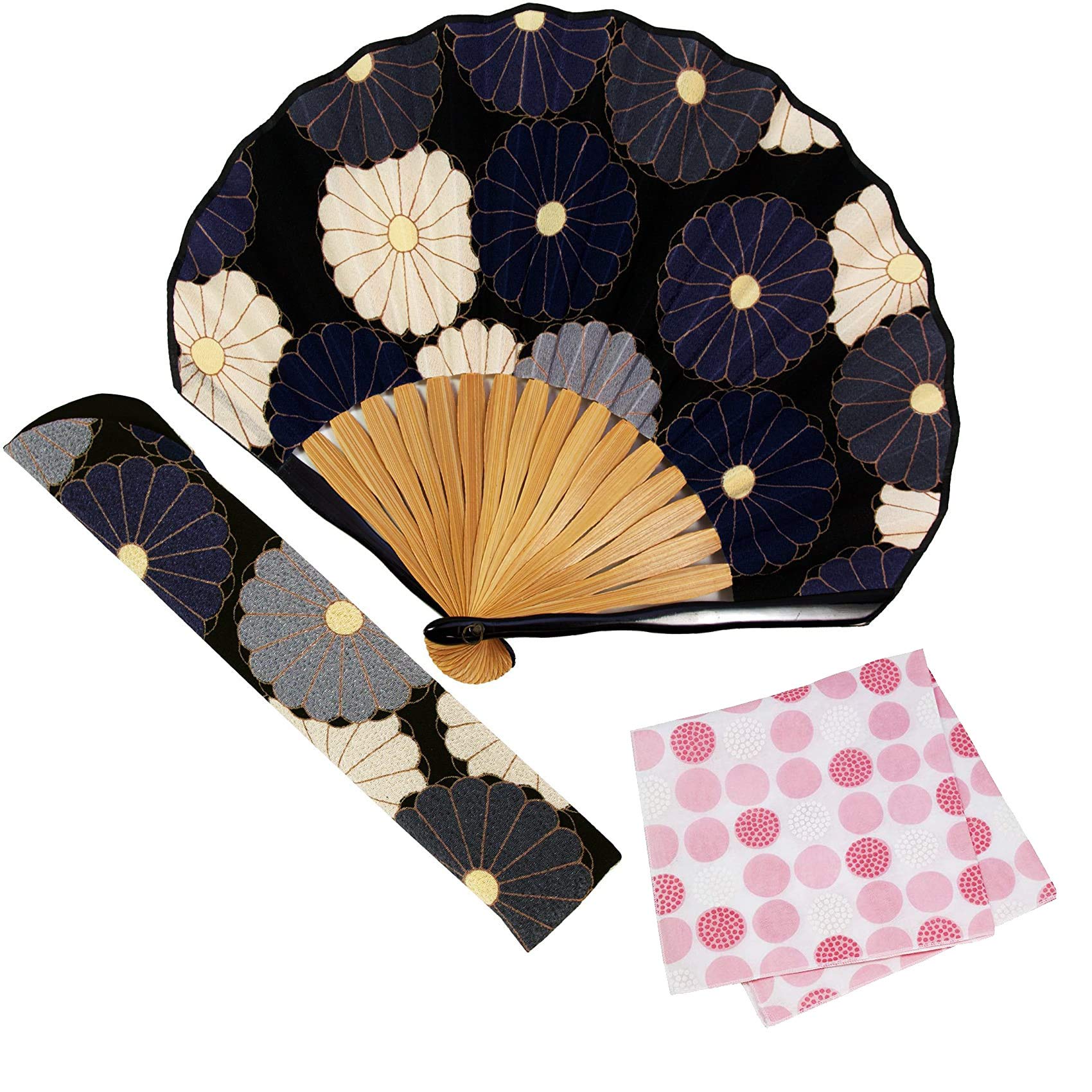 

[Osaka Choseido] Женский стильный складной веер с набором из чехла и носового платка, дизайн с крупными хризантемами (черный)