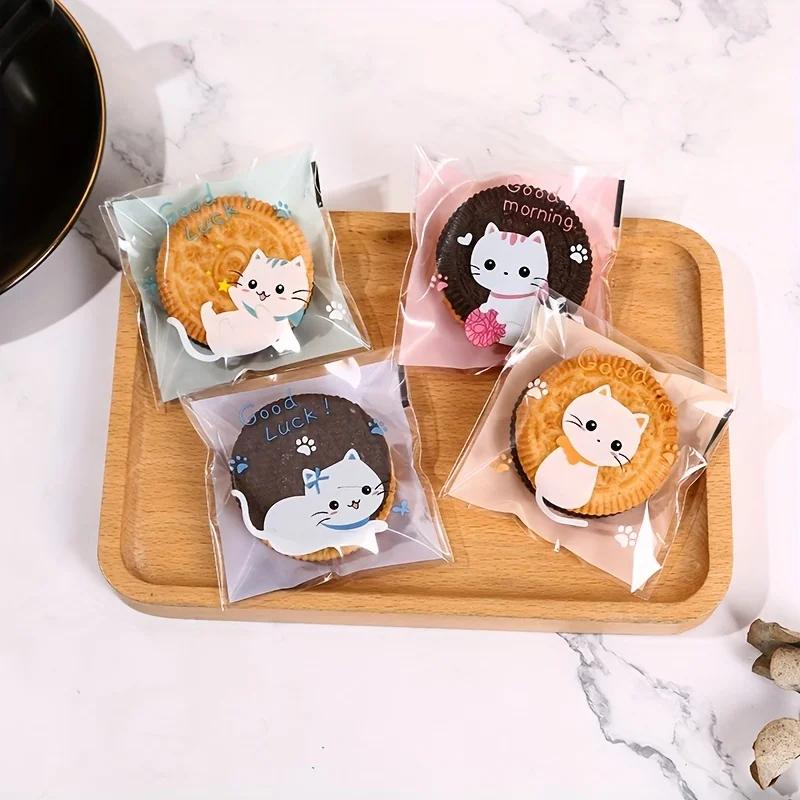 100/200/300pcs Mini Cartoon Cat Packaging Bag Baking Snack Self-adhesive Bag Cartoon Cat Biscuit Cookie Packaging Bag Organizer