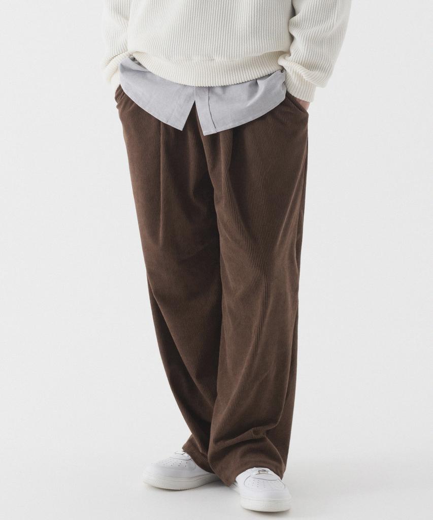 PIANER Corduroy One-Tuck Stitch Wide Pants (Brown)