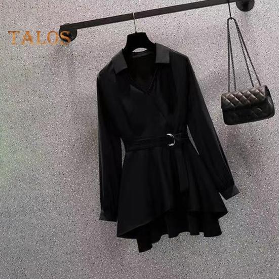 Dámská košile Klopa Dlouhý rukáv Pas Těsný pásek Pulovr Topy Jednobarevný Nepravidelný lem Košile střední délky