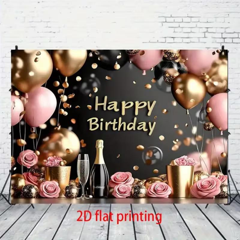 2D Printing Luxury Pink Gold Birthday Tapestry, Glitter Balloon Party Wall Decor